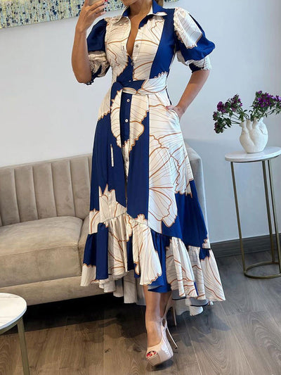 A-Line High Waisted Buttoned Contrast Color Pleated Pockets Split-Joint Lapel Maxi Dresses