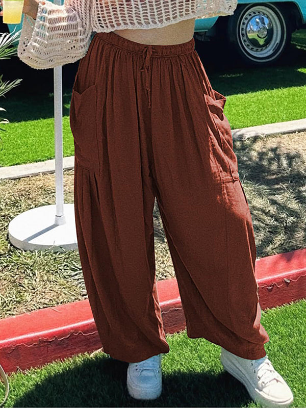 High Waisted Loose Drawstring Elasticity Pleated Pockets Solid Color Ninth Pants Trousers