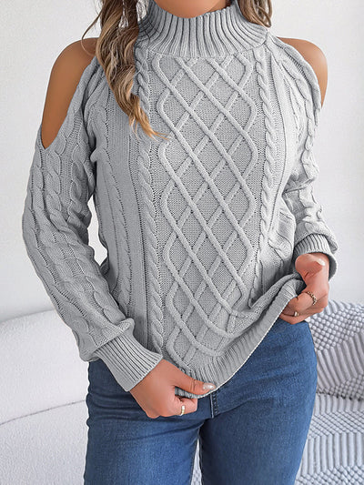 Long Sleeves Loose Hollow Solid Color Cold Shoulder Pullovers Sweater Tops