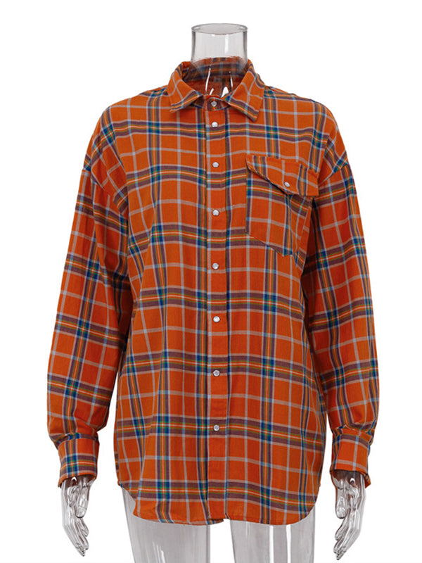 Long Sleeves Loose Buttoned Plaid Pockets Lapel Blouses&Shirts Tops