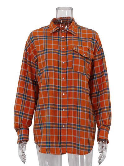 Long Sleeves Loose Buttoned Plaid Pockets Lapel Blouses&Shirts Tops