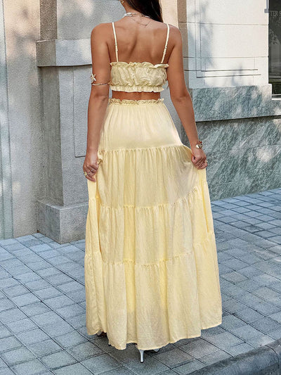 Solid Color Pleated Cropped Ruffled Spaghetti-Neck + A-Line Skirts Bottoms Top Two Pieces Set