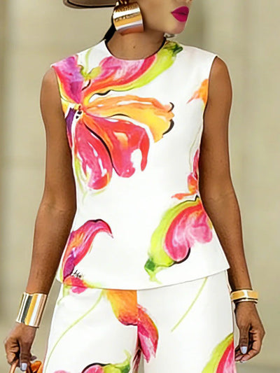 Loose Sleeveless Contrast Color Flower Print Round-Neck Tank