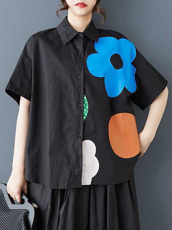 Loose Short Sleeves Buttoned Flower Print Lapel Blouses&Shirts Tops