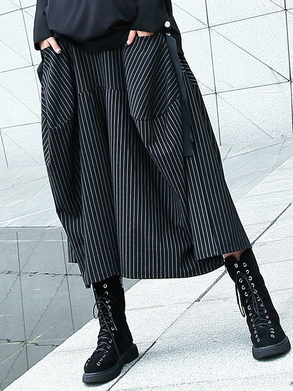High Waisted Loose Elasticity Pockets Striped Culotte Pants