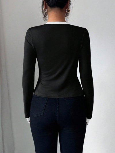 Long Sleeves Solid Color Split-Joint Collarless Two Pieces Set