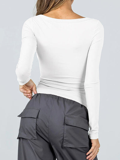 Long Sleeves Skinny Solid Color U-Neck T-Shirts Tops