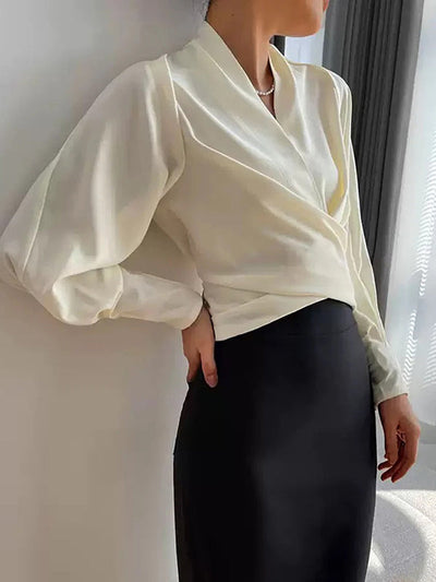 Long Sleeves Solid Color Zipper V-neck Blouses&shirts Tops