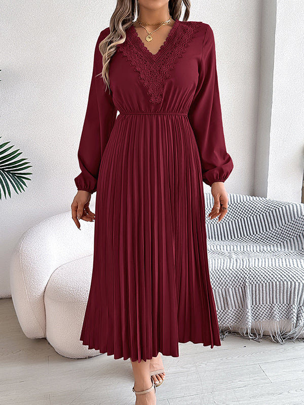 Elasticated Waist High Waisted Pleated Solid Color V-Neck Midi Dresses