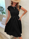 A-Line Loose Pleated Solid Color Tied Waist Round-Neck Midi Dresses