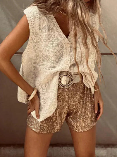 Loose Sleeveless Buttoned Crochet Embroidered V-Neck Vest Top