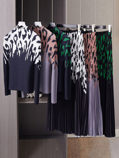Long Sleeves Printed Mock Neck T-Shirt Top + Pleated A-Line Skirts Bottom Two Pieces Set