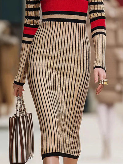Long Sleeves Skinny Contrast Color Striped High Neck Midi Dresses Sweater Dresses