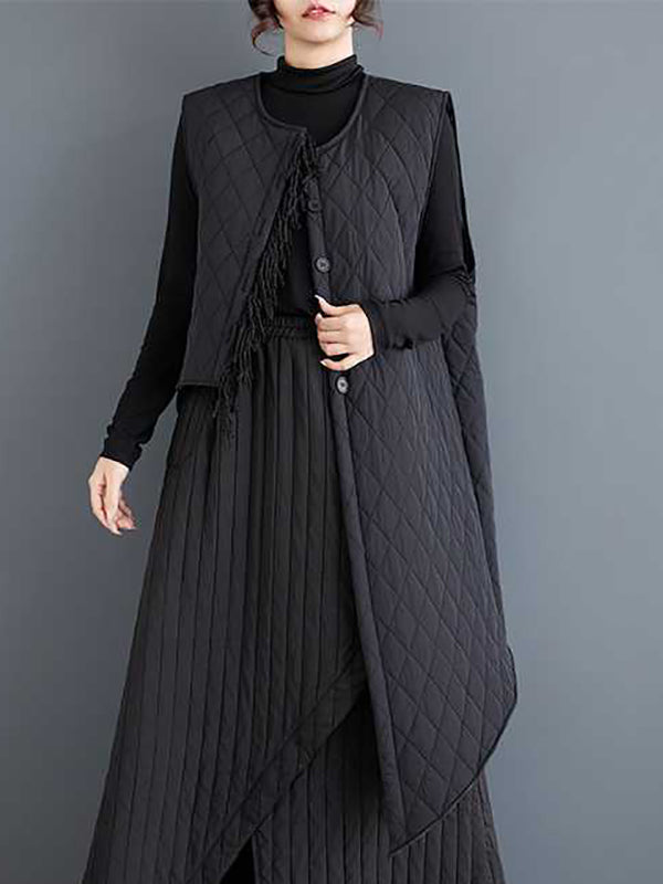 Loose Sleeveless Asymmetric Buttoned Quilted Solid Color Round-Neck Padded Vest