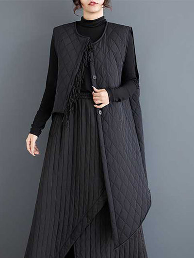 Loose Sleeveless Asymmetric Buttoned Quilted Solid Color Round-Neck Padded Vest