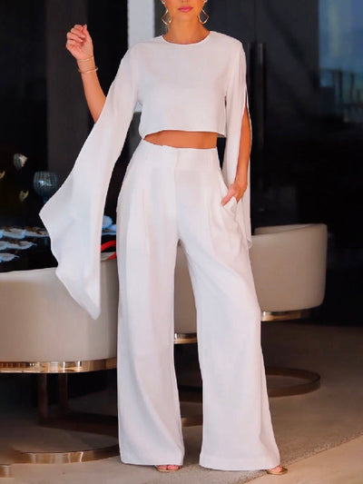 Flared Sleeves Long Sleeves Solid Color Round-Neck T-Shirts Tops