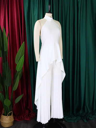 Loose Backless Lacy Solid Color Halter-Neck Vest Top + High-Low Pants Bottom Two Pieces Set