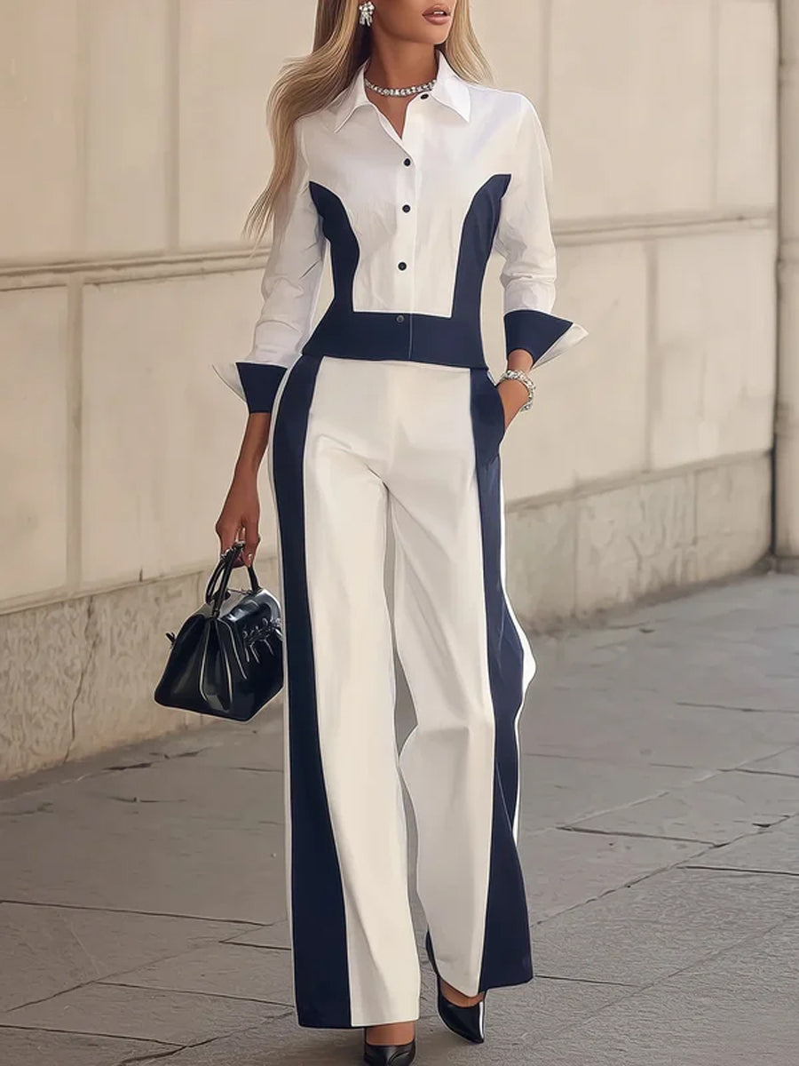 Long Sleeves Buttoned Contrast Color Split-Joint Lapel Blouses&Shirts Tops