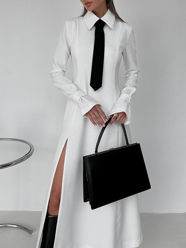 A-Line Flared Sleeves Buttoned Solid Color Split-Joint Split-Side Lapel Maxi Dresses Shirt Dress