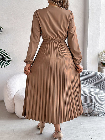 Elasticated Waist High Waisted Pleated Solid Color V-Neck Midi Dresses