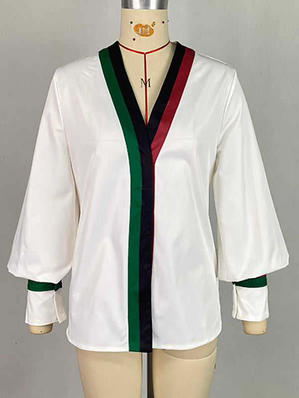 Long Sleeves Loose Contrast Color Pleated V-Neck Blouses&Shirts Tops