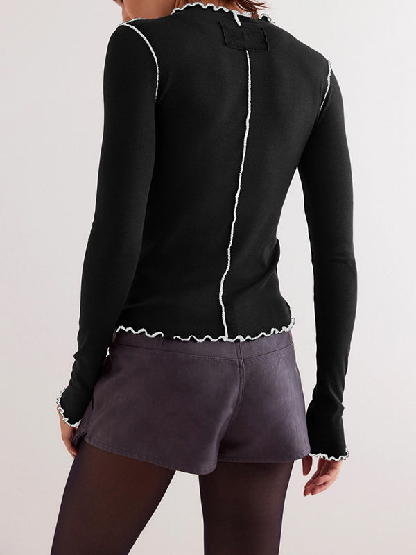 Long Sleeves Skinny Solid Color Round-Neck T-Shirts