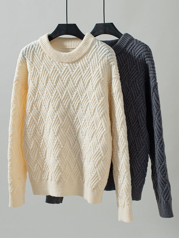 Long Sleeves Loose Solid Color Split-Joint Round-Neck Pullovers Sweater Tops