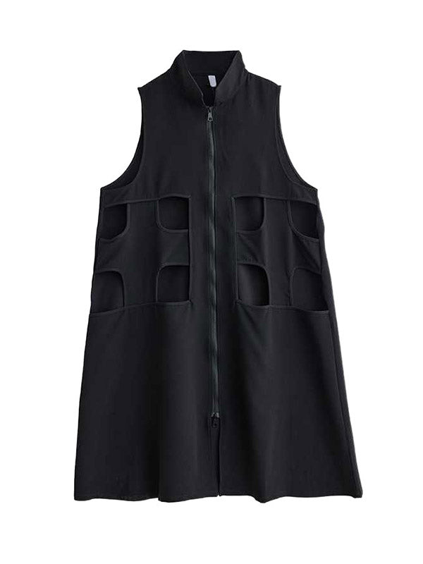 Loose Sleeveless Hollow Solid Color Zipper Lapel Midi Dresses