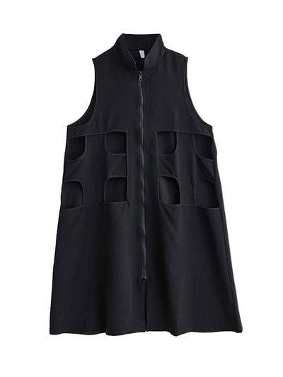 Loose Sleeveless Hollow Solid Color Zipper Lapel Midi Dresses