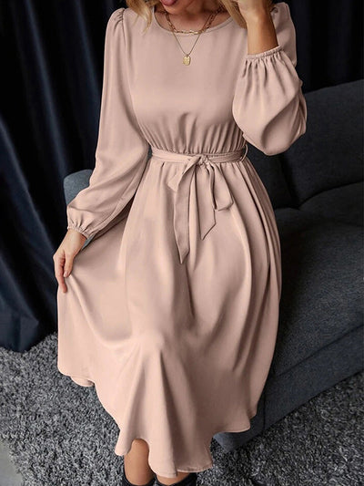 Loose Puff Sleeves Elasticity Pleated Solid Color Split-Joint Tied Waist Round-Neck Midi Dresses