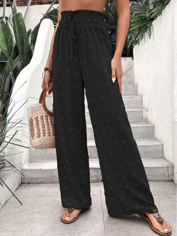 High Waisted Loose Drawstring Elasticity Jacquard Solid Color Pants Trousers