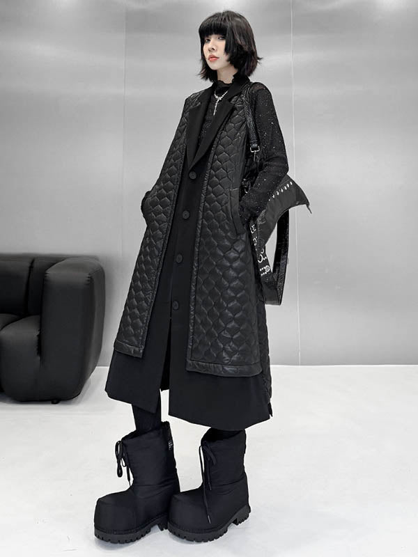 Loose Sleeveless Buttoned Plaid Pockets Solid Color Split-Joint Notched Collar Outerwear Padded Vest