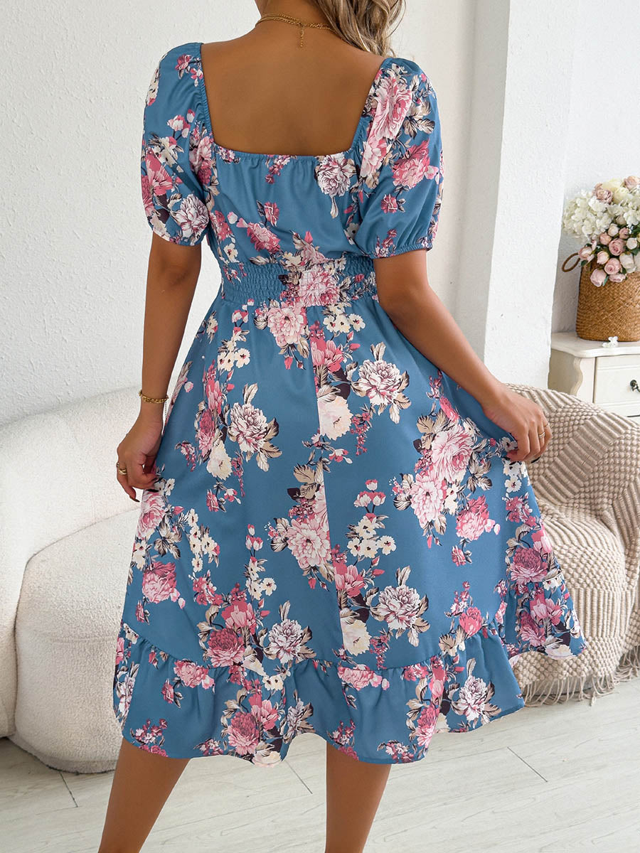 A-Line High Waisted Elasticity Floral Printed Pleated Ruffled Off-The-Shoulder Midi Dresses