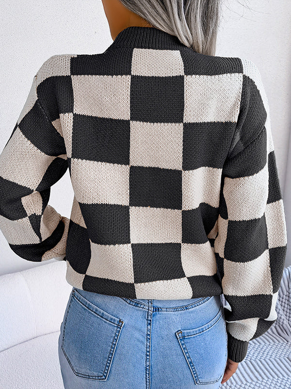 Long Sleeves Loose Contrast Color Plaid Round-Neck Sweater Tops