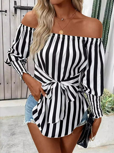 Long Sleeves Loose Contrast Color Elasticity Split-Joint Striped Tied Waist Off-The-Shoulder Blouses&Shirts Tops