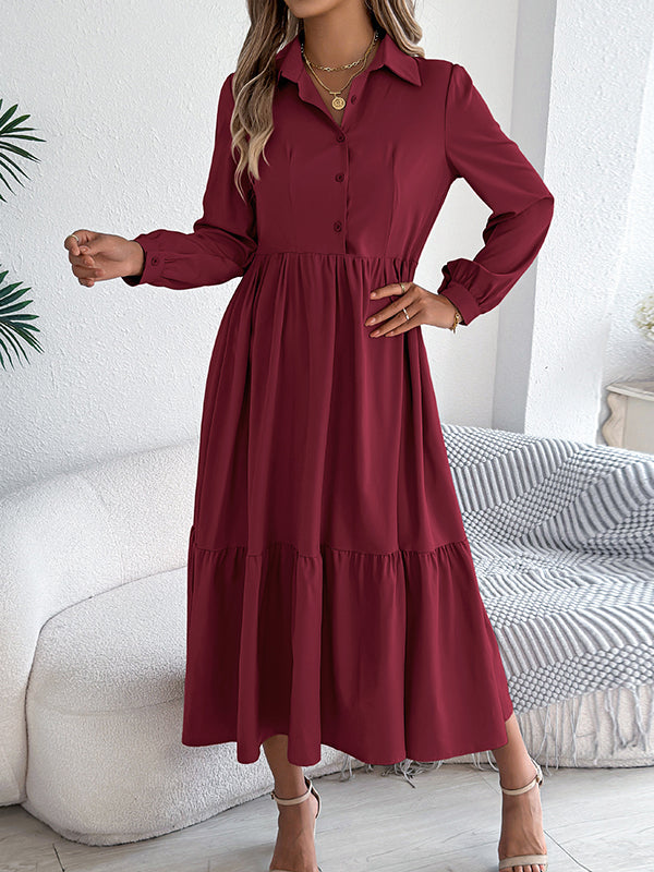 High Waisted Long Sleeves Pleated Ruffled Solid Color Lapel Midi Dresses Shirt Dress
