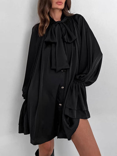 A-Line Flared Sleeves Buttoned Elasticity Pleated Solid Color Tied Zipper Stand Collar Mini Dresses