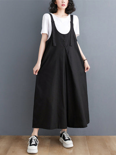 Ninth Pants Wide Leg Buttoned Solid Color Spaghetti-Neck Overalls