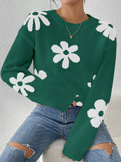 Long Sleeves Loose Contrast Color Flower Print Round-Neck Sweater Tops