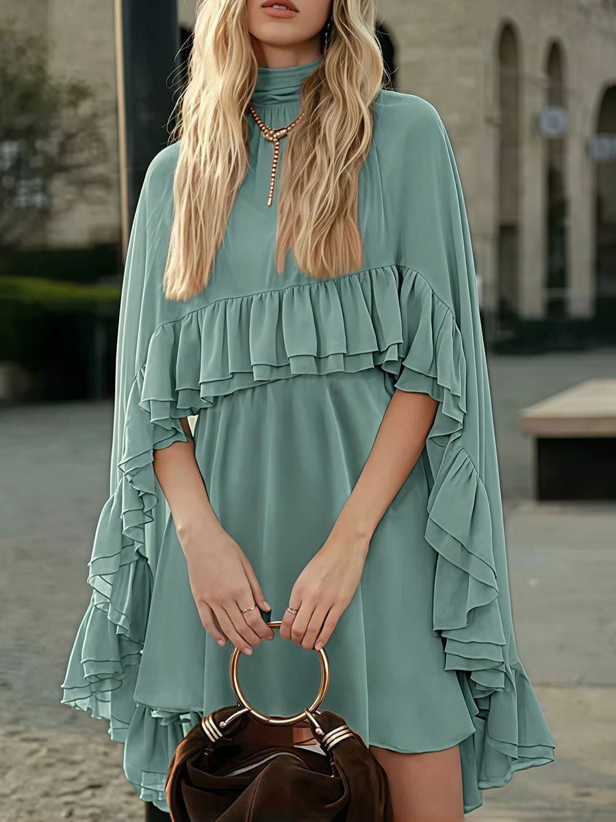 High Waisted Sleeveless Pleated Ruffled Solid Color Split-Joint Tied Mock Neck Mini Dresses Two Pieces Set