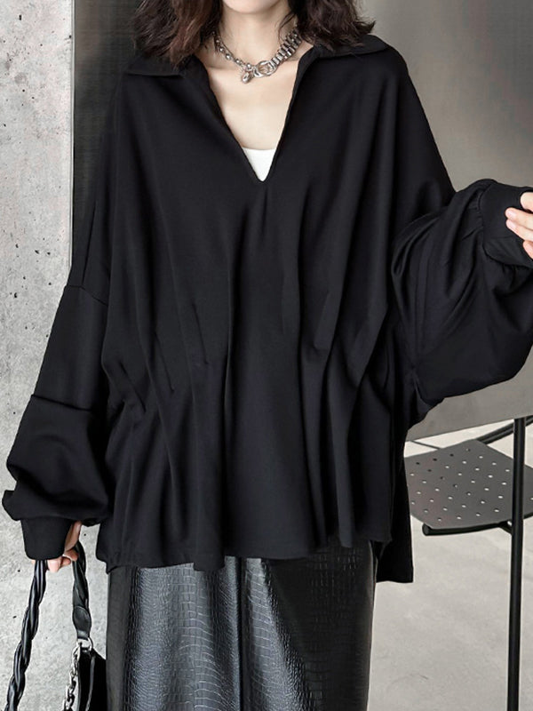Batwing Sleeves Long Sleeves Pleated Solid Color Deep V-Neck Blouses&Shirts Tops