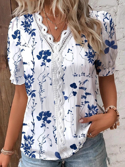 Loose Puff Sleeves Contrast Color Flower Print Hollow Pleated Split-Joint V-Neck Blouses&Shirts Tops