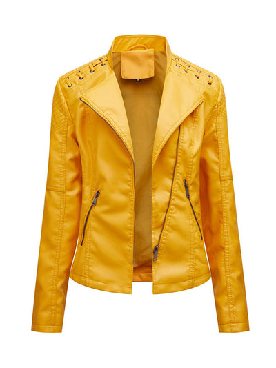 Long Sleeves Split-Joint Zipper Mock Neck PU Jackets Outerwear