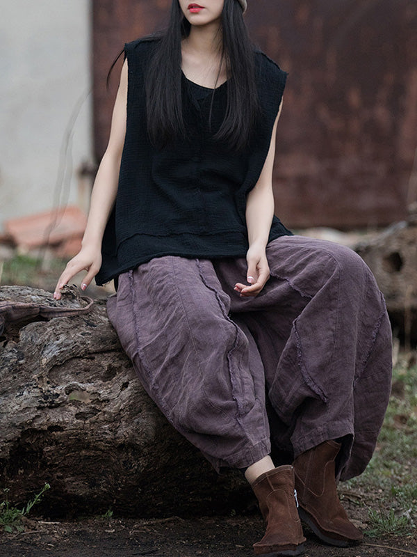 Loose Sleeveless Fringed Pleated Solid Color Split-Joint V-Neck Vest Top