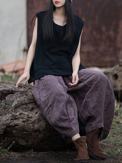 Loose Sleeveless Fringed Pleated Solid Color Split-Joint V-Neck Vest Top