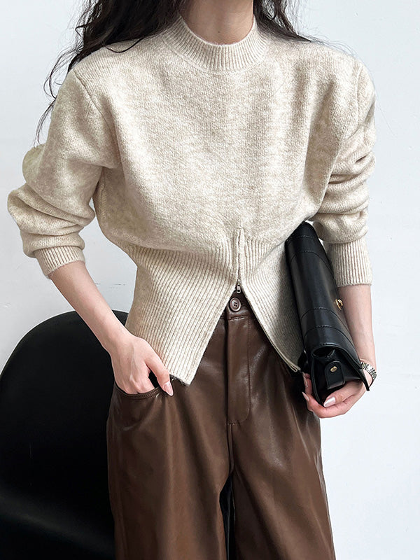 Long Sleeves Loose Solid Color Zipper Mock Neck Pullovers Sweater Tops