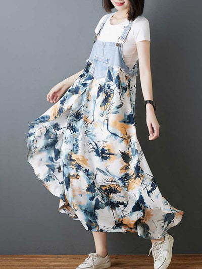 Loose Plus Size Flower Print Pockets Split-Joint Spaghetti-Neck Maxi Dresses Suspender Dress