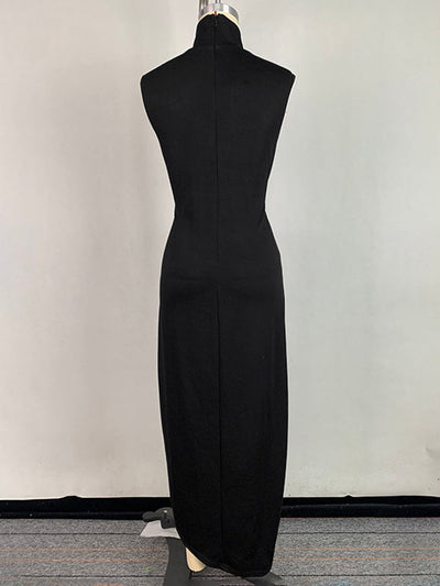 Bodycon Sleeveless Buttoned Solid Color Split-Side High Neck Maxi Dresses