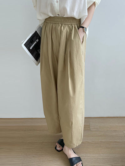 High Waisted Loose Elasticity Pleated Solid Color Split-Joint Pants Trousers