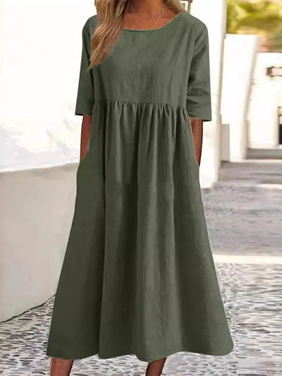 A-Line Half Sleeves Pleated Pockets Solid Color Round-Neck Midi Dresses
